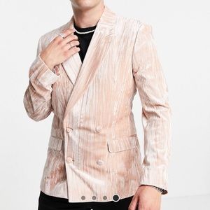 ASOS Design Skinny Double Breasted Velvet Plisse Blazer in Rose Pink